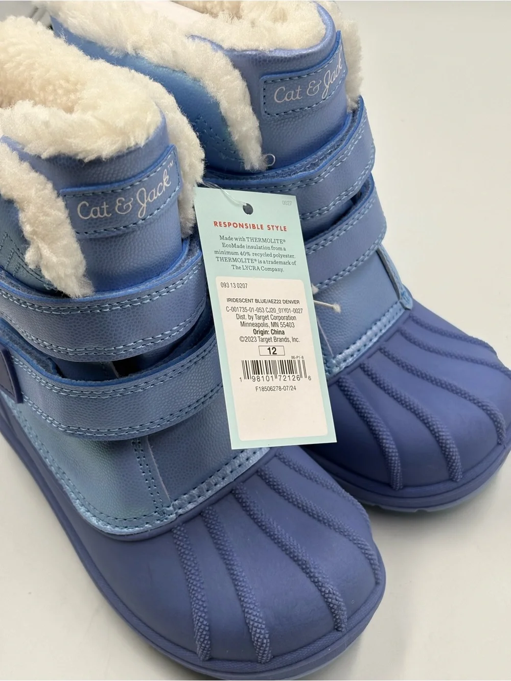 Cat & Jack Kids Winter Snow Boots Size 12 Iridescent Blue Faux Fur Lined Hook
